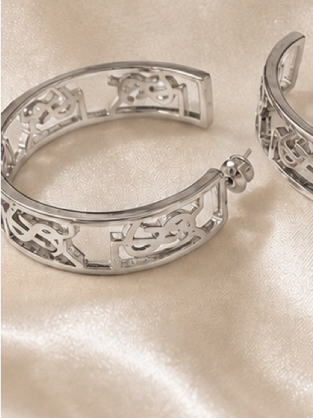 Designer Inspired Silver Openwork Logo Hoop Earrings